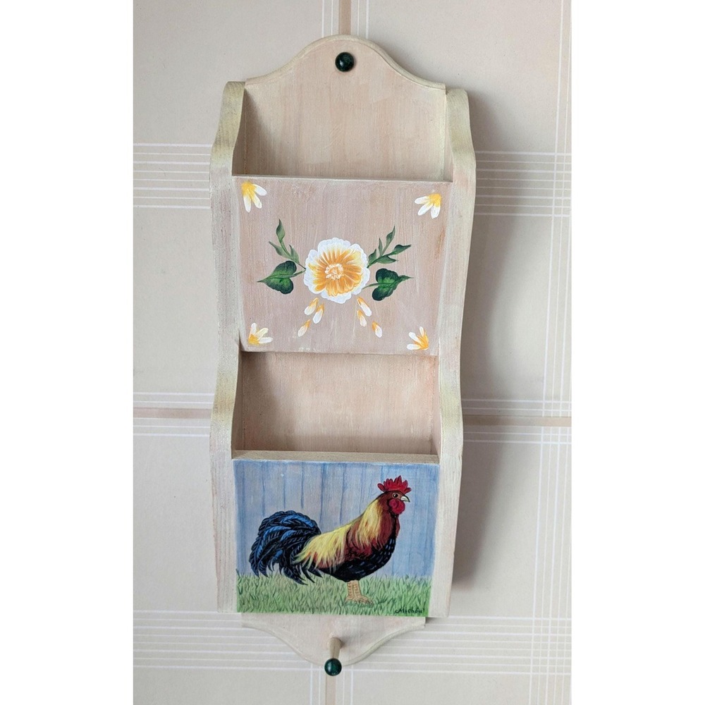 Vintage Hand Painted Rooster Wall Organizer,‎ Farmhouse Wooden Wall Pocket